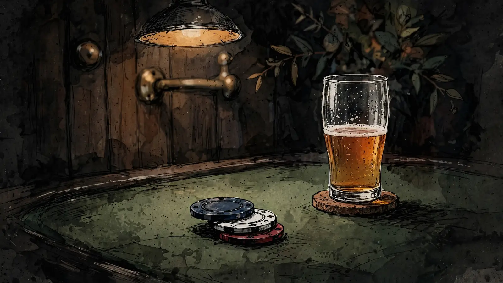 A small stack of casino chips on green felt inside a warm Australian club, beside a half-finished beer.