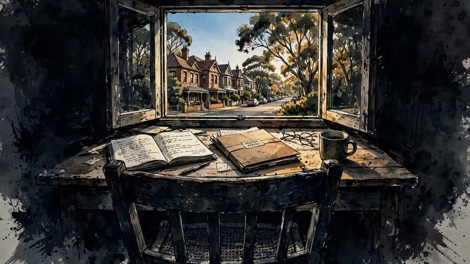 Editorial desk with documents facing a sunny Sydney suburb through an open window