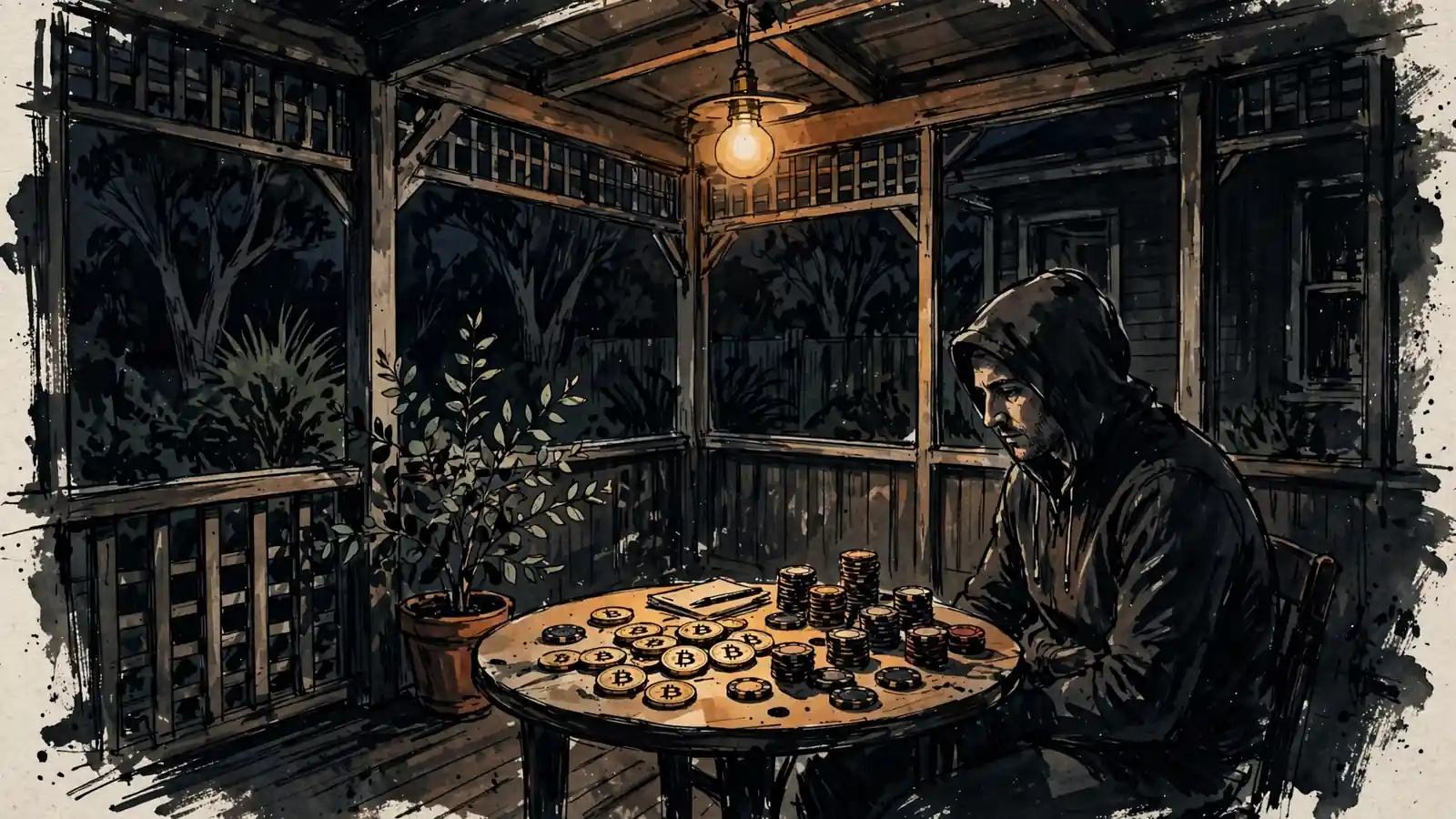 Hooded figure at a dim veranda table with Bitcoin tokens and poker chips.
