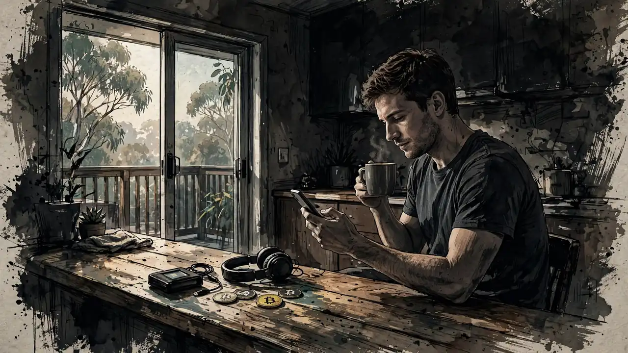Australian man at kitchen bench with smartphone, coffee, and crypto coins near a sunlit balcony.