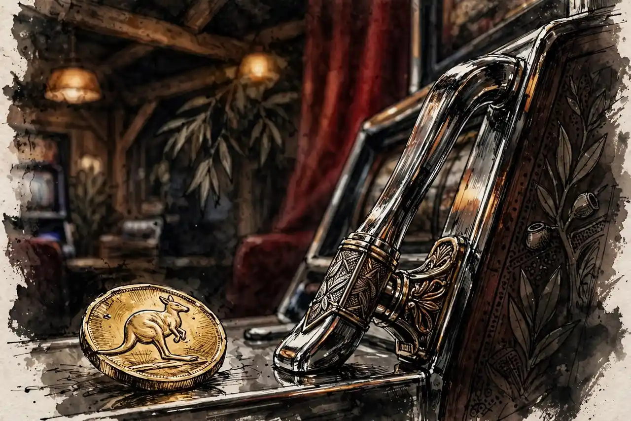 Golden coin and ornate slot lever in an Australian gaming lounge