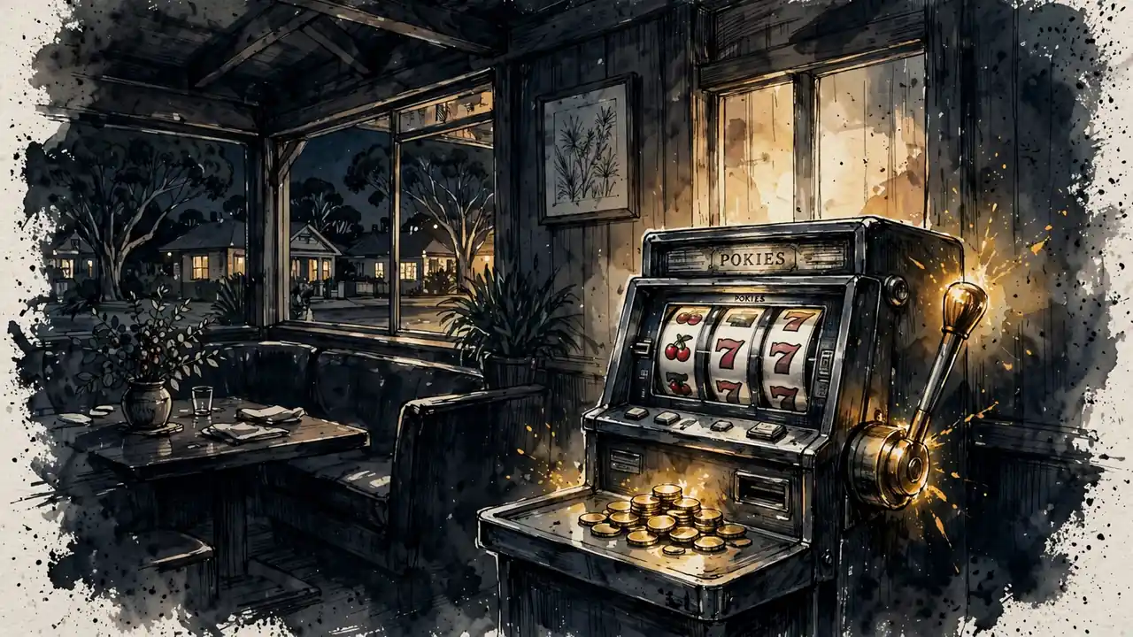 Slot machine with golden coins in a dimly lit Australian casino lounge at night.
