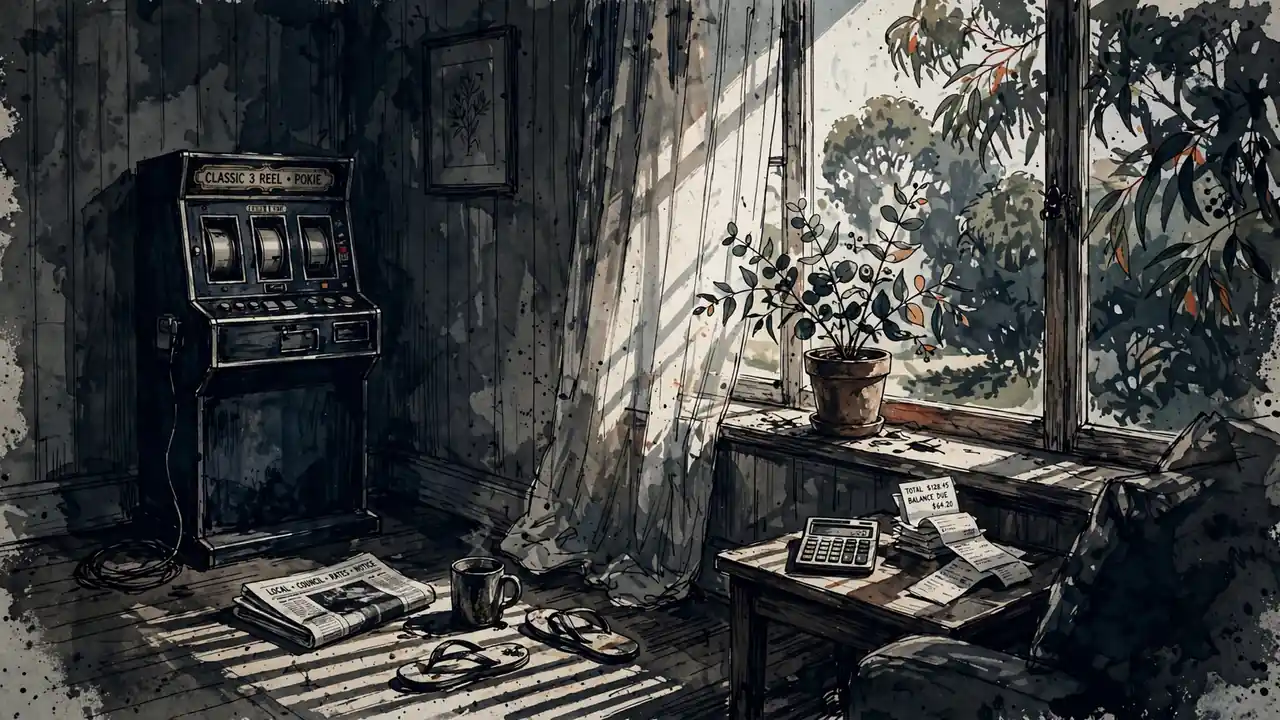 Unplugged pokie machine in a sunlit Australian lounge with calculator and eucalyptus.