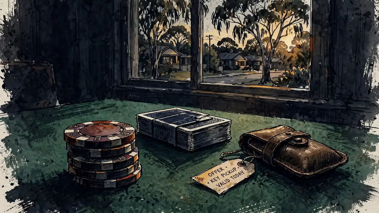 Casino chips, playing cards, and a voucher tag on a green felt table with an Australian suburb visible outside the window.