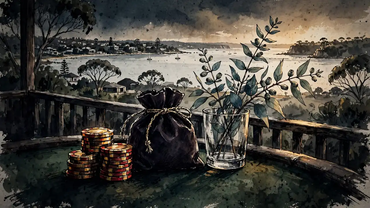 Casino chips on a felt table overlooking Sydney Harbour at golden hour.