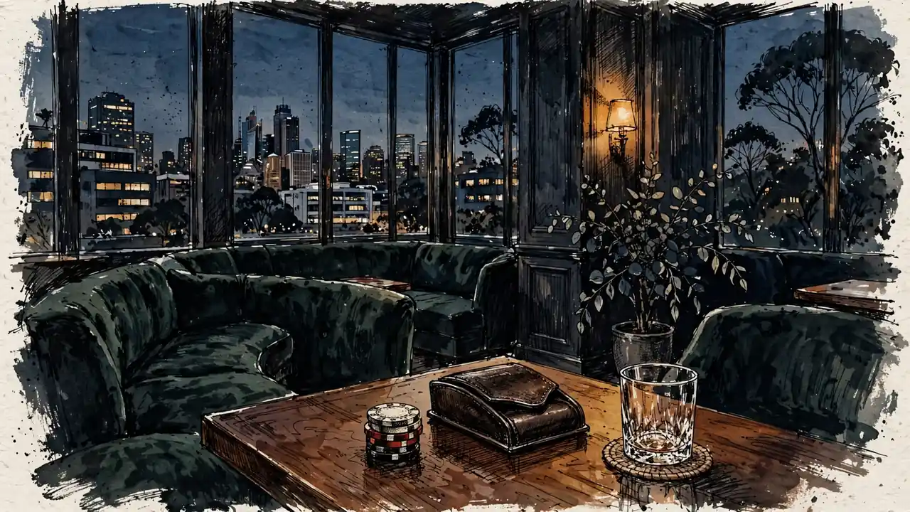 Elegant VIP lounge interior in Sydney at dusk with casino chips on a polished table.
