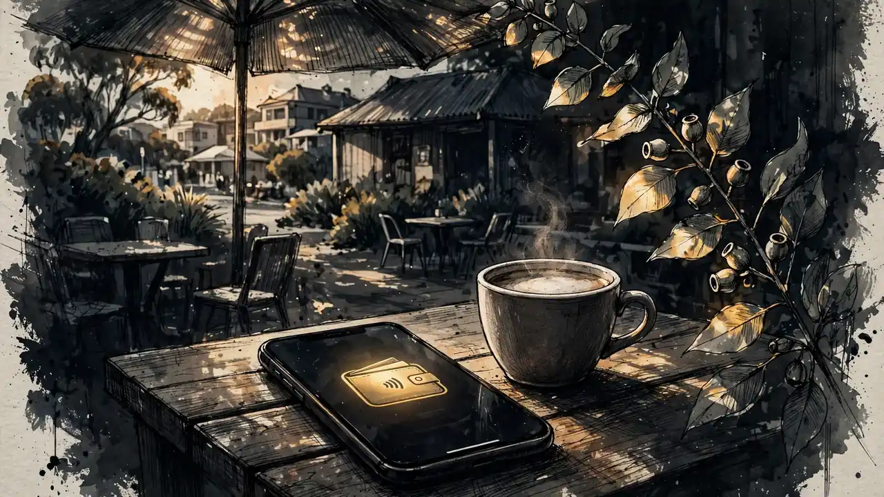 Smartphone with digital wallet on a sunlit Australian café table beside coffee