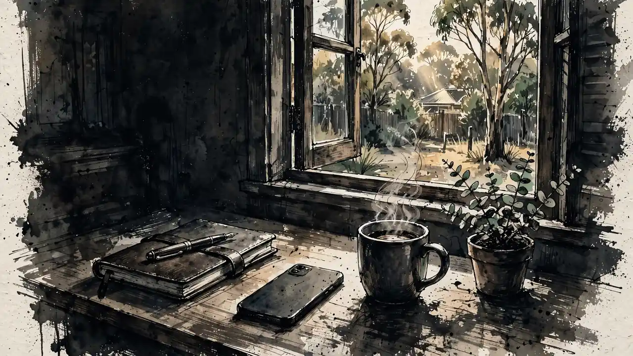 Sunlit Australian home office desk with notebook, pen, phone, and coffee mug.