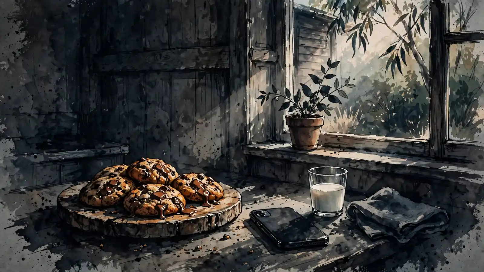 Chocolate chip cookies on a wooden plate beside a smartphone, warm kitchen morning light