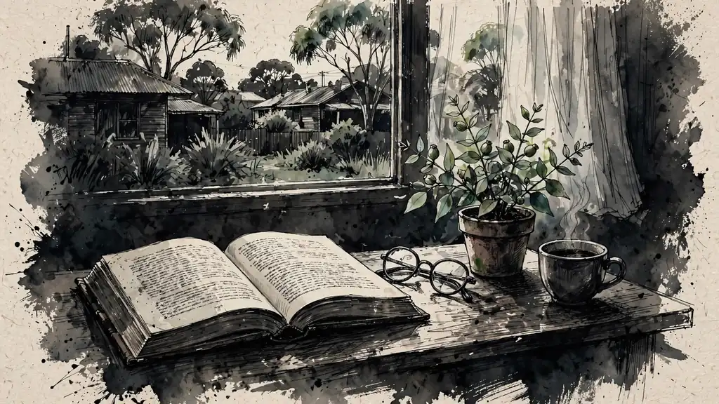 Open book, reading glasses, and a small eucalyptus plant on a sunlit wooden desk.