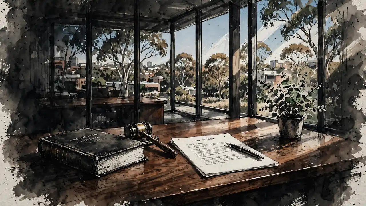 Australian office desk with a legal book, gavel, and document under warm midday light.