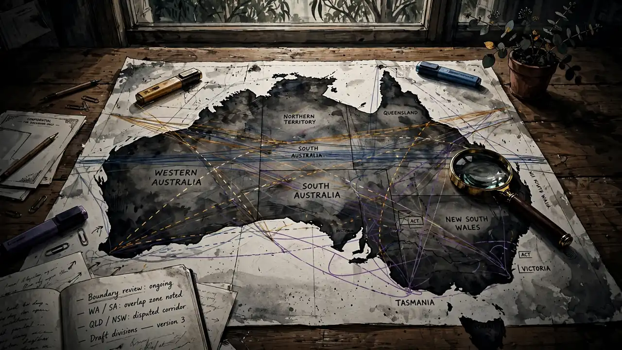 Paper map of Australia on a desk with overlapping highlighted jurisdictions.