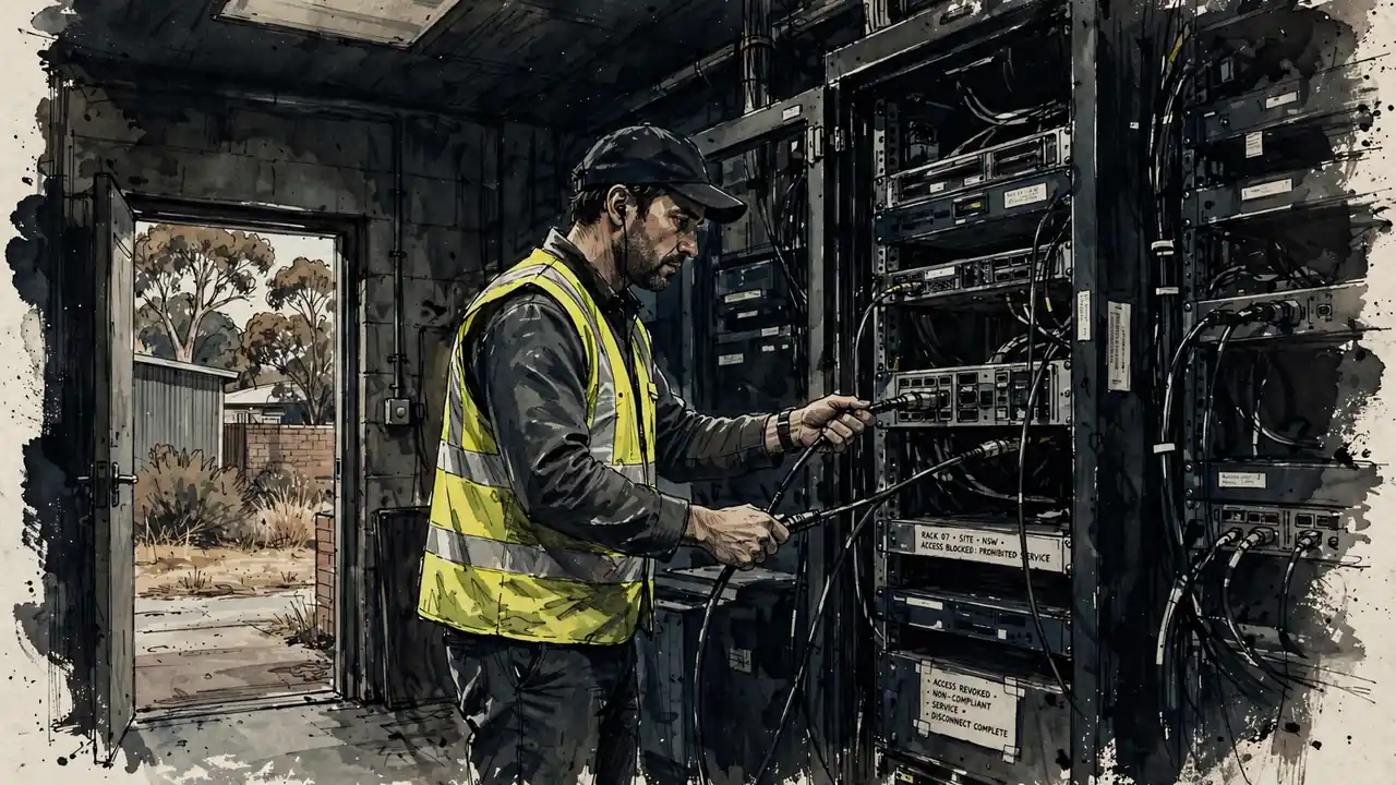 Technician in a server room disconnecting a network cable from a rack.