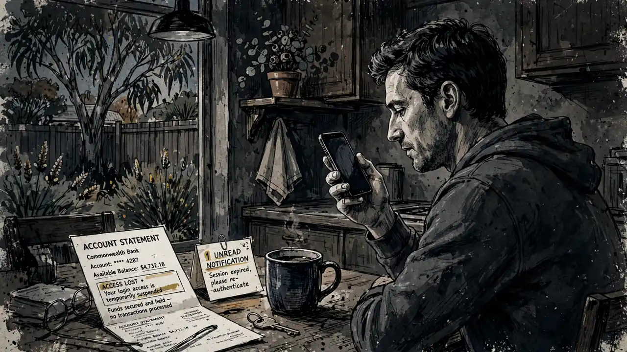 Person at home looking at a dark smartphone screen beside a bank statement.