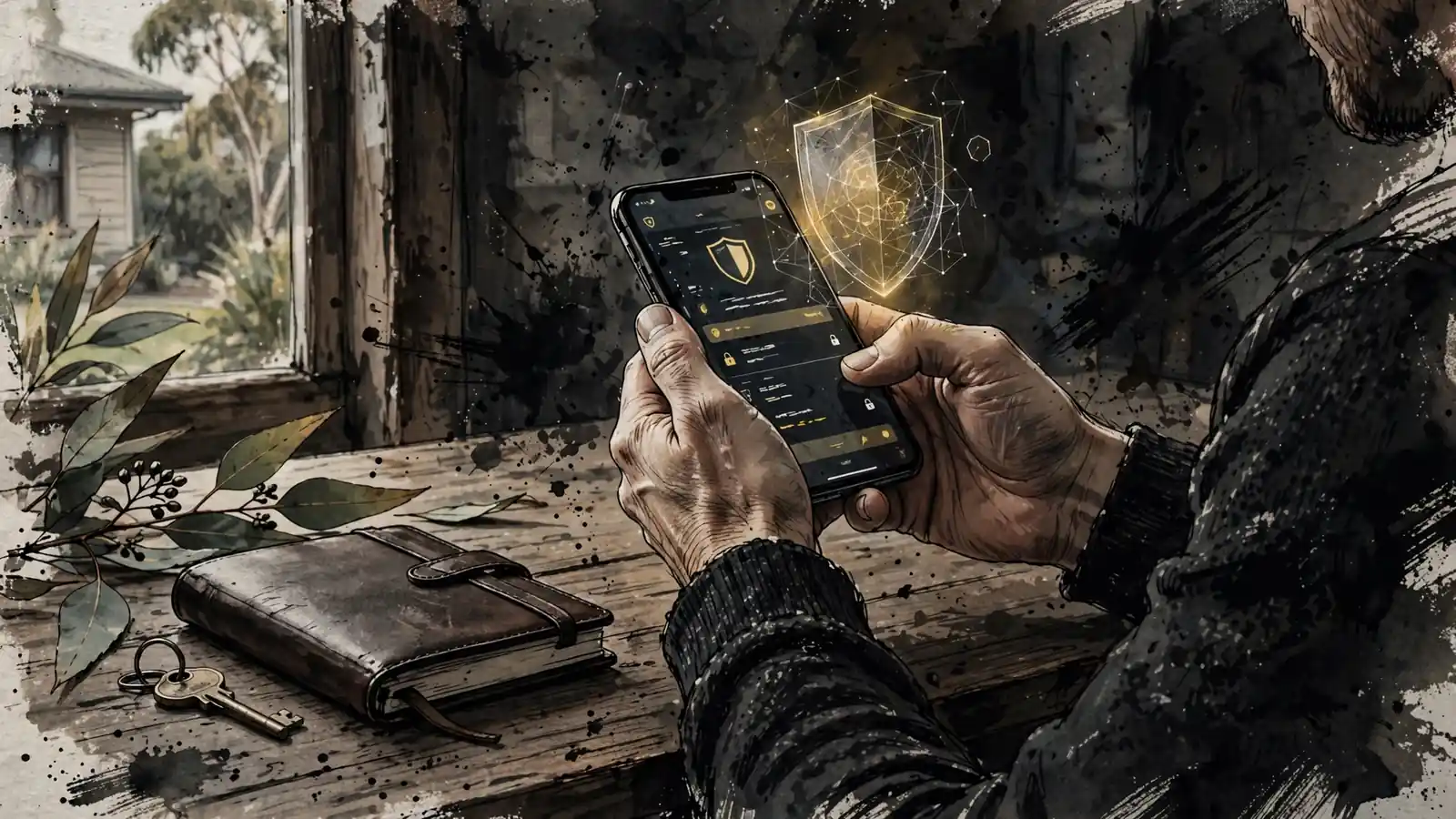 Hands holding a phone with a soft shield icon, notebook and key on a sunlit desk.