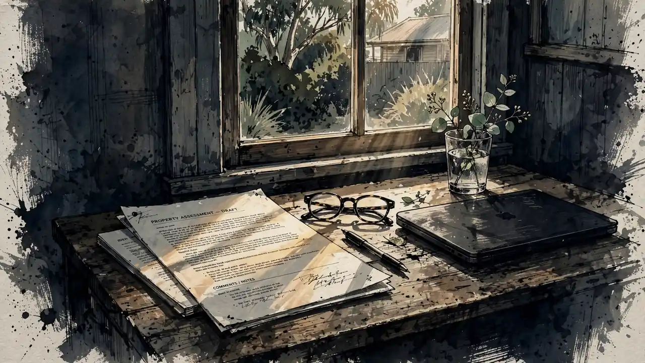 Sunlit desk with printed terms document, reading glasses, and eucalyptus sprig by a window.